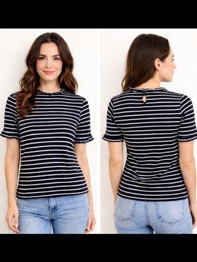 Ann Taylor Blue White Striped Mock Neck Ruffle Knit Top Small